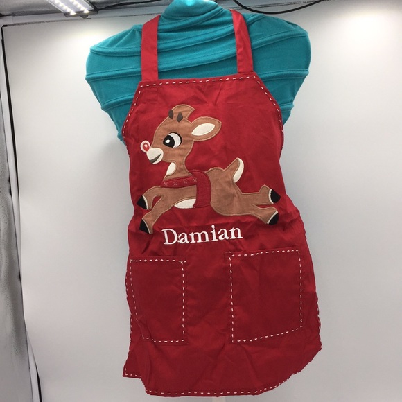 Pottery Barn Kids Christmas Red Rudolph Child Apron Damian Holiday - Picture 1 of 15